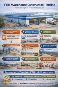 PEB warehouse showing pre-engineered steel structure, loading docks, and fast construction suitable for logistics and storage