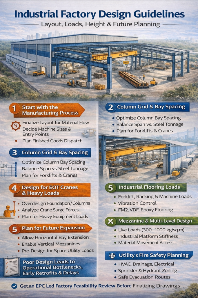 Industrial factory design showing layout planning, column grid, crane loads, flooring, and future expansion considerations