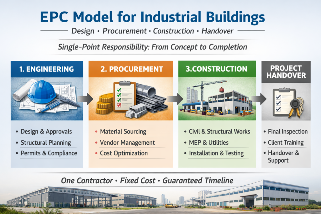 End-to-end EPC model for industrial buildings showing engineering, procurement, construction, and project handover stages