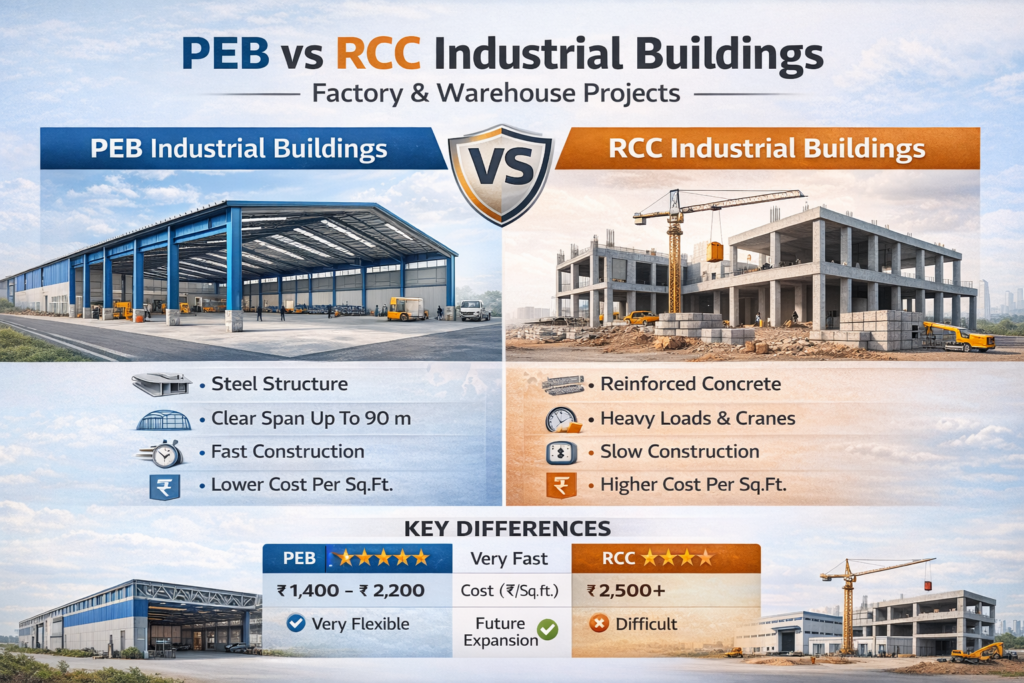 Comparison of PEB and RCC industrial buildings showing cost, construction time, span, and structural differences