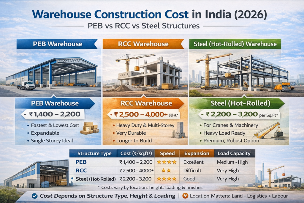 Warehouse construction cost comparison in India showing PEB, RCC, and steel warehouse cost per square foot