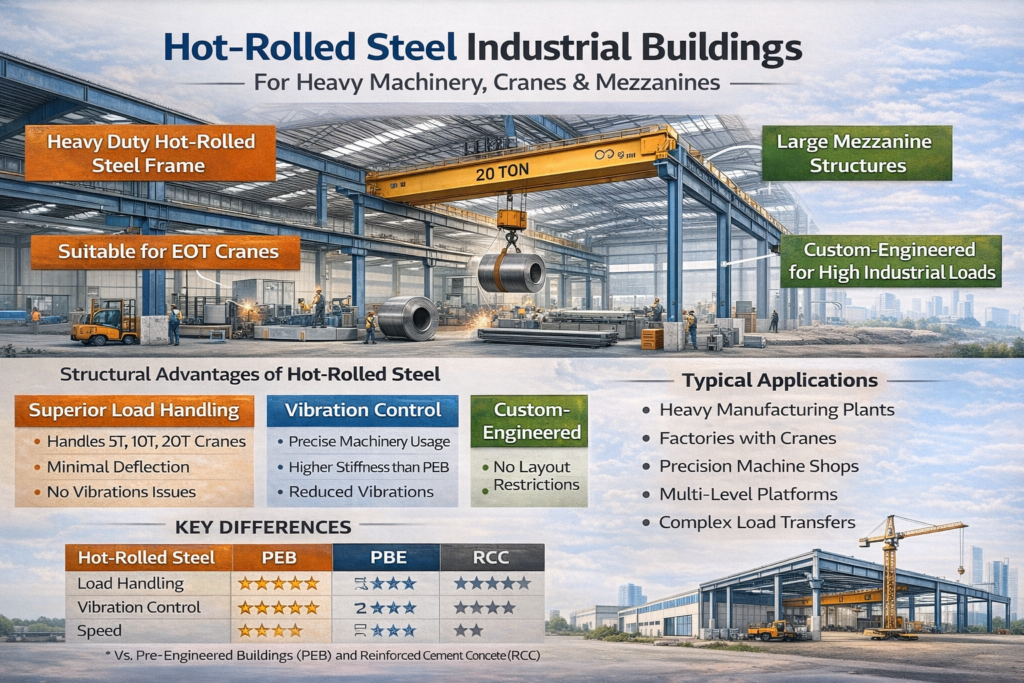 Hot-rolled steel industrial building with heavy EOT crane, mezzanine floors, and high load steel structure
