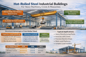 Hot-rolled steel industrial building with heavy EOT crane, mezzanine floors, and high load steel structure