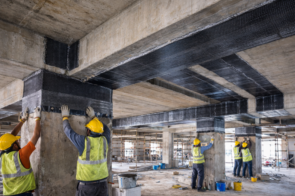 Carbon fibre wrapping applied to reinforced concrete beams and slabs for structural load enhancement and retrofitting