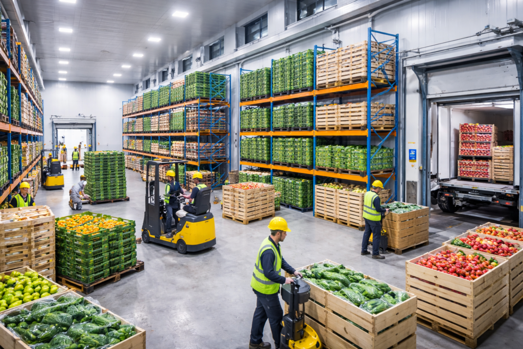 Cold storage and agri infrastructure facility with temperature-controlled warehouse, pallet racking, and produce handling systems