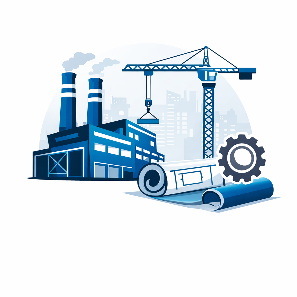 Vector illustration of an industrial building with chimneys, crane, gear, and blueprints representing EPC construction services.