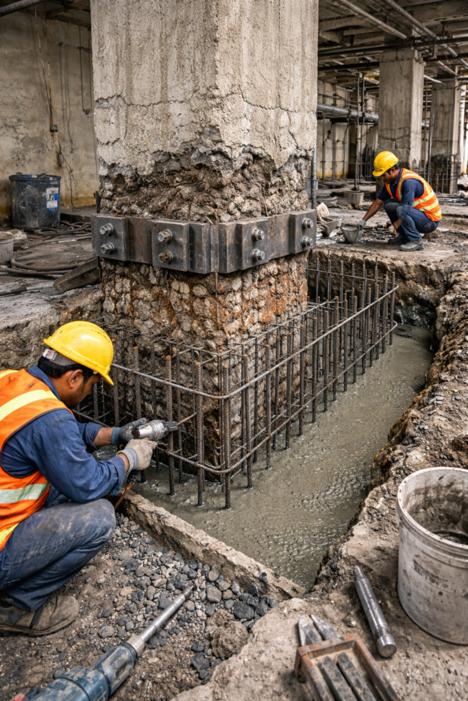 Construction workers carrying out foundation repair and retrofitting of a concrete structure with steel reinforcement and new concrete for structural strengthening.