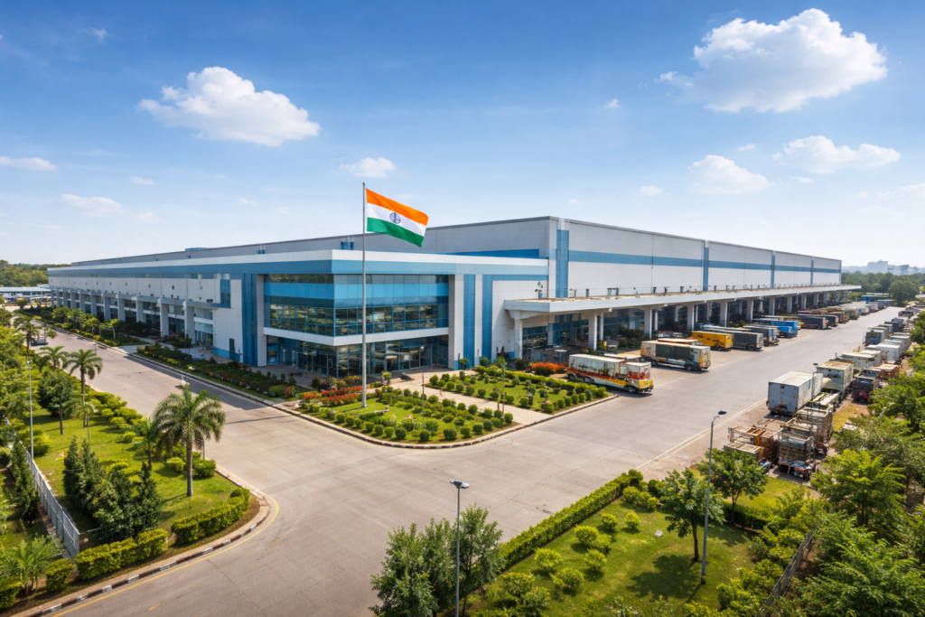 Modern industrial building in India featuring a large factory and warehouse facility with loading docks, trucks, and landscaped surroundings