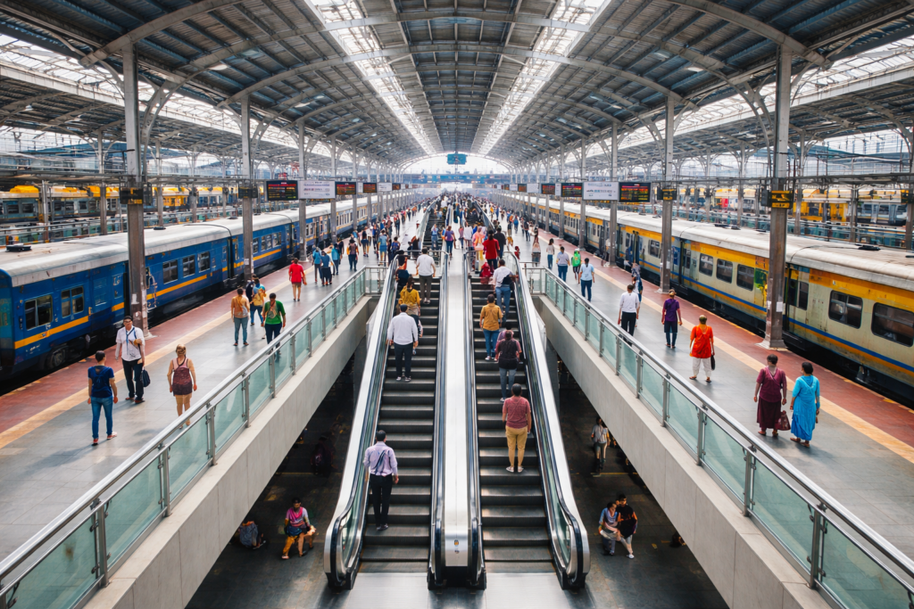 Indian railway station platform featuring modern escalators, multiple train tracks, and passengers at a busy railway terminal