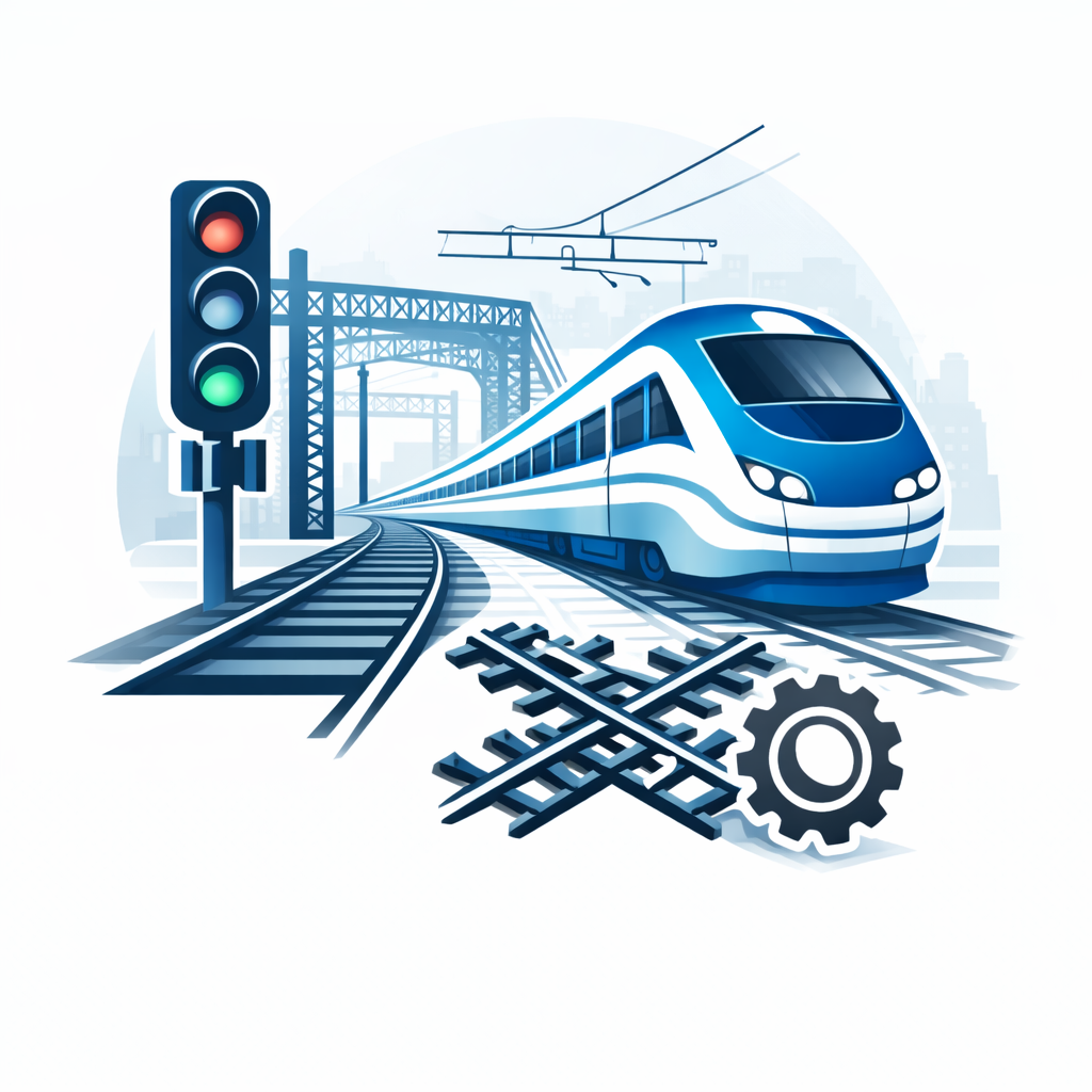Vector graphic of a high-speed train on tracks with overhead cables, rail signal, and a gear representing railway infrastructure projects.