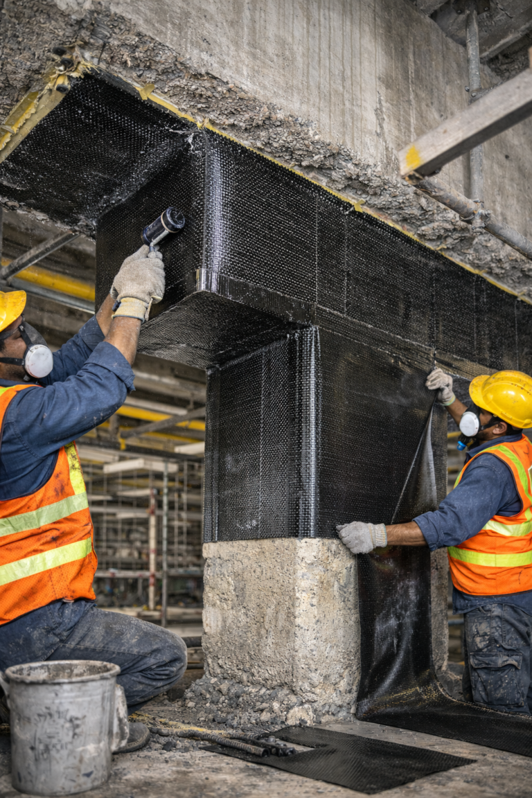 Construction workers applying carbon fiber wrapping to the underside of an existing concrete slab for structural strengthening and load capacity enhancement.