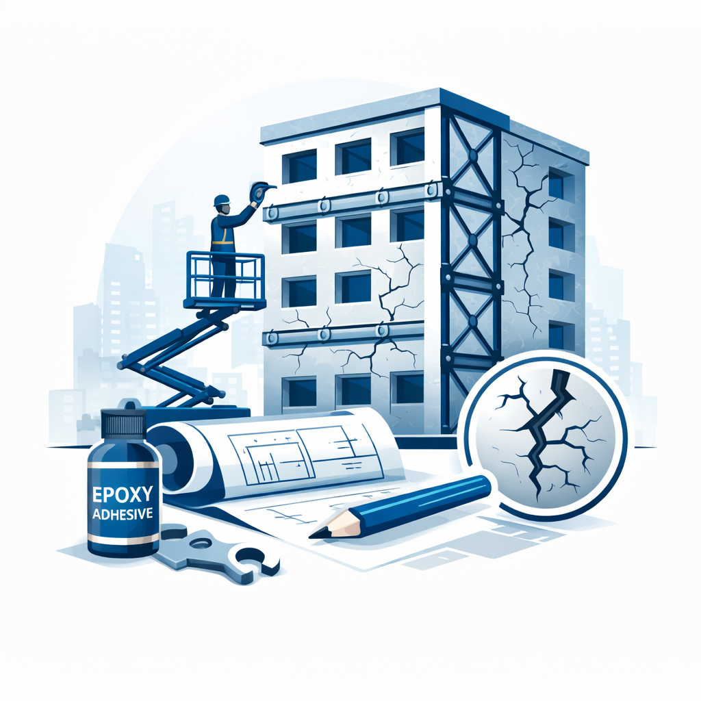 Vector showing a cracked building being reinforced with steel braces, epoxy adhesive, and blueprints for structural strengthening