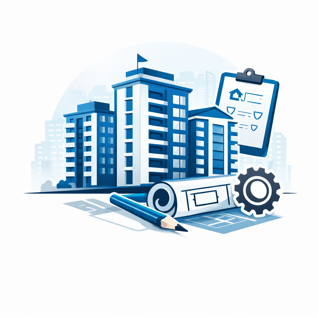 Vector illustration of modern residential apartment buildings with floor plan, pencil, clipboard, and gear representing construction for developers.