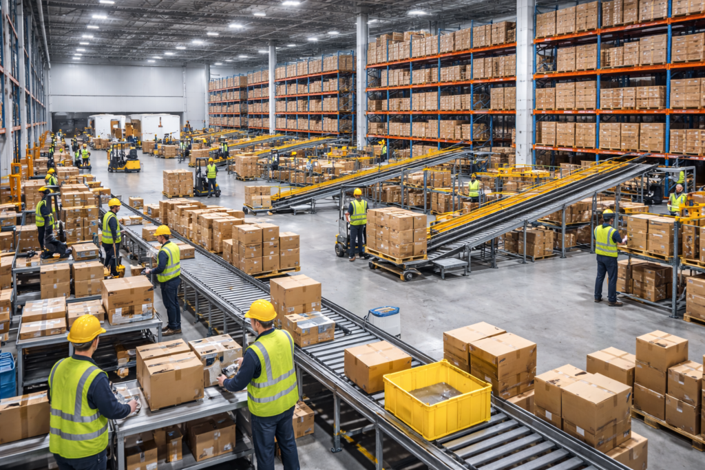 Modern warehousing and logistics facility with automated conveyors, pallet racking, and e-commerce order fulfillment operations