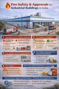 Industrial building fire safety systems showing hydrants, sprinklers, fire tender access, and approval requirements in India