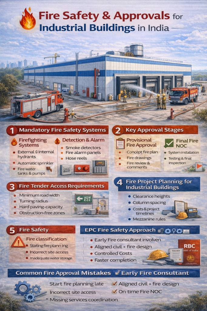 Industrial building fire safety systems showing hydrants, sprinklers, fire tender access, and approval requirements in India