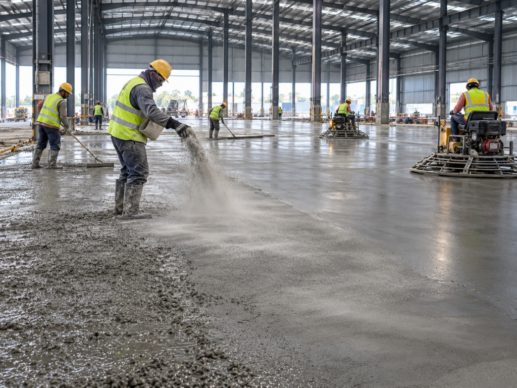 Dry-shake floor hardener being applied to fresh concrete flooring in a factory to improve surface hardness, abrasion resistance and durability.