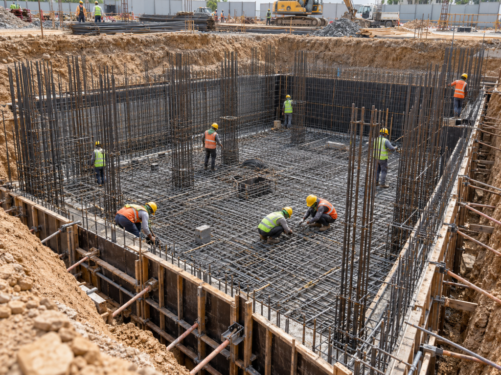 Reinforcement work in progress for an underground RCC water tank, showing raft and wall steel fixing prior to concrete placement.
