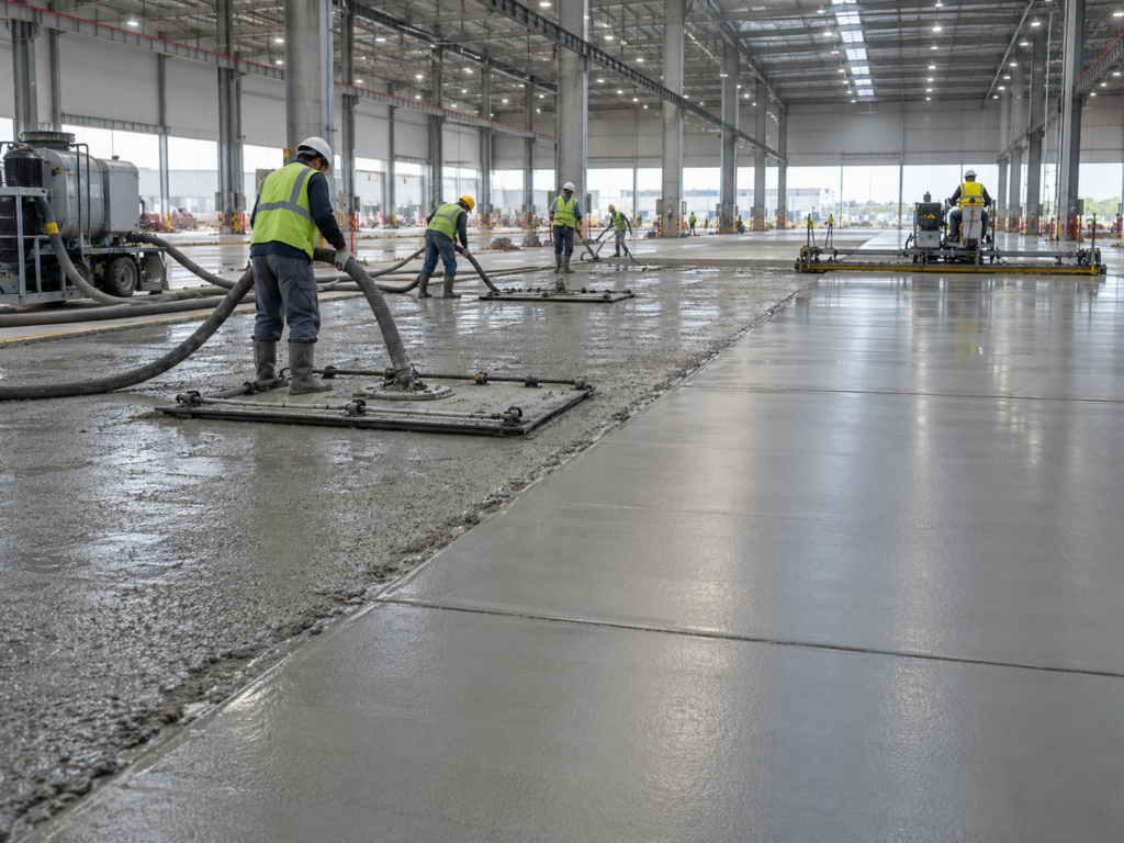 VDF/Tremix vacuum-dewatered concrete flooring installation for factories and warehouses, producing a dense, durable and abrasion-resistant industrial floor.
