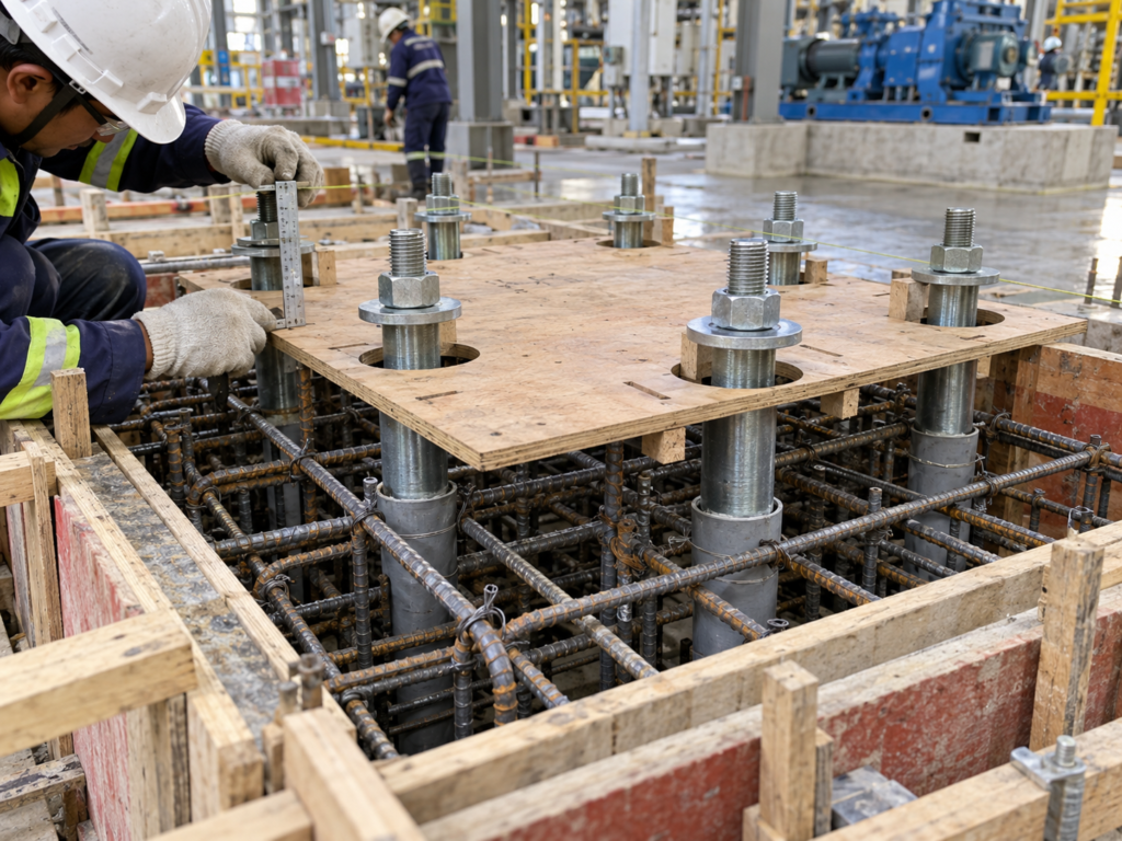 Close-up of anchor bolts positioned with a plywood template over reinforced concrete machine foundation formwork for accurate alignment and fixing.