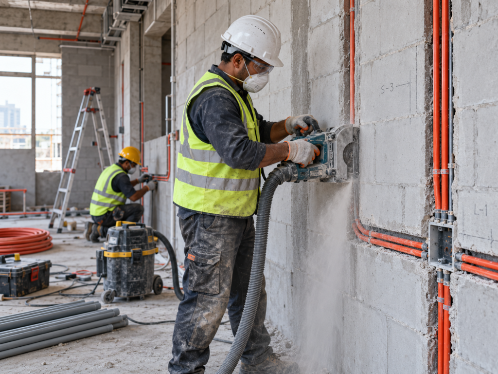Wall cutting and chasing work for concealed electrical conduits and junction boxes during residential building construction.