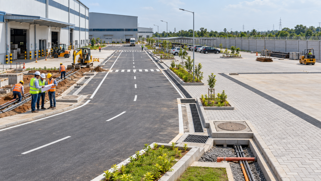 Industrial external development works including factory roads, storm-water drainage, paver blocks, utility trenches, hardstands, yards and parking areas.