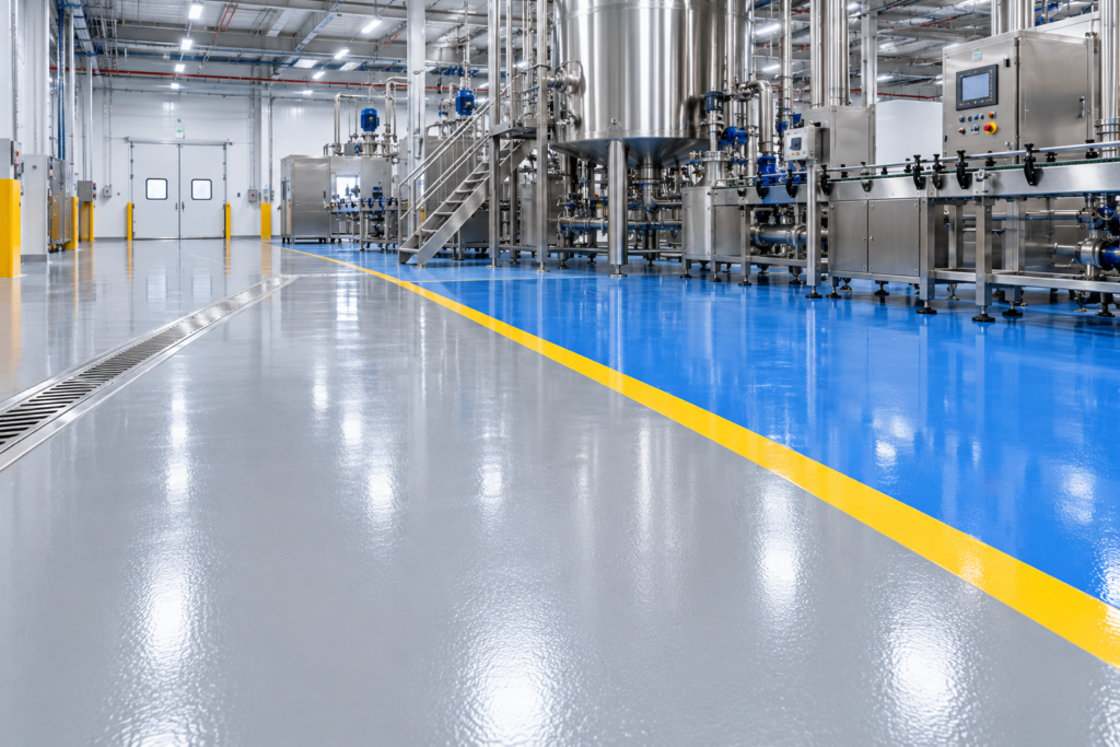 Polyurethane industrial flooring in a clean manufacturing facility, providing durable, chemical-resistant and thermal-resistant performance for demanding production areas.
