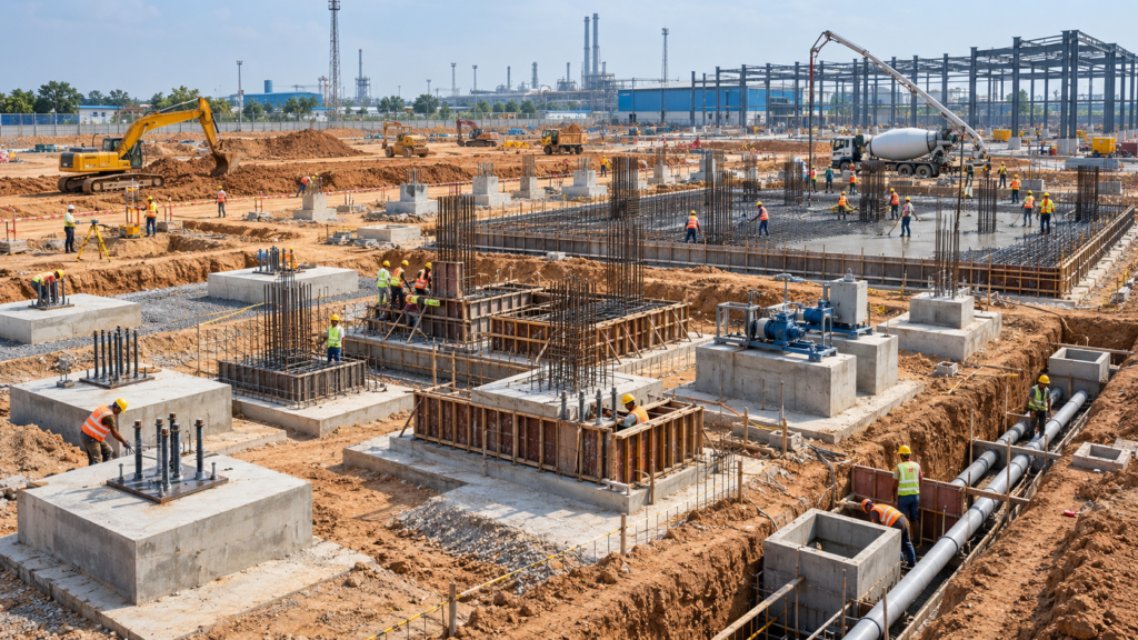 Industrial site development and RCC foundation works including excavation, PEB foundations, machine foundations, pedestals and underground utilities.