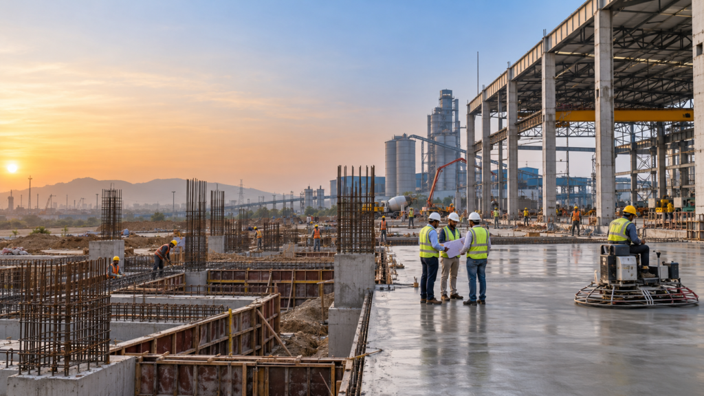 Industrial RCC foundation and concrete flooring works at a factory construction site by Skylark Constructions in Mumbai, Maharashtra.