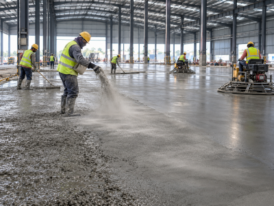 Dry-shake floor hardener being applied to fresh concrete flooring in a factory to improve surface hardness, abrasion resistance and durability.