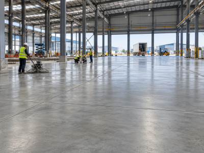 Heavy-duty RCC industrial flooring with power-trowel finishing for factories, warehouses and high-traffic production areas.