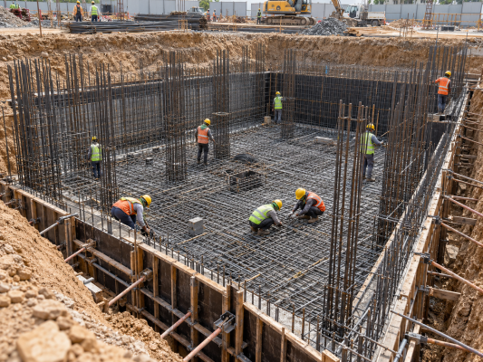 Reinforcement work in progress for an underground RCC water tank, showing raft and wall steel fixing prior to concrete placement.