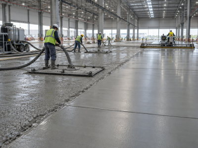 VDF/Tremix vacuum-dewatered concrete flooring installation for factories and warehouses, producing a dense, durable and abrasion-resistant industrial floor.