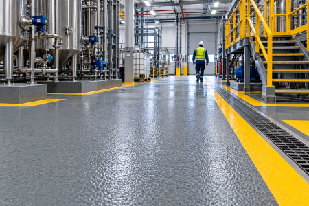Anti-skid industrial flooring with textured slip-resistant finish for wet factory areas, ramps, loading zones and production facilities.