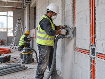 Wall cutting and chasing work for concealed electrical conduits and junction boxes during residential building construction.