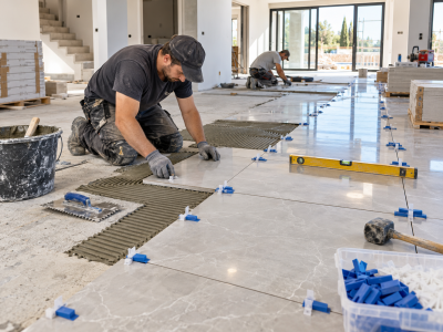 Large-format floor tile installation using tile leveling spacers and wedges to achieve uniform joints, alignment and a level finished surface.