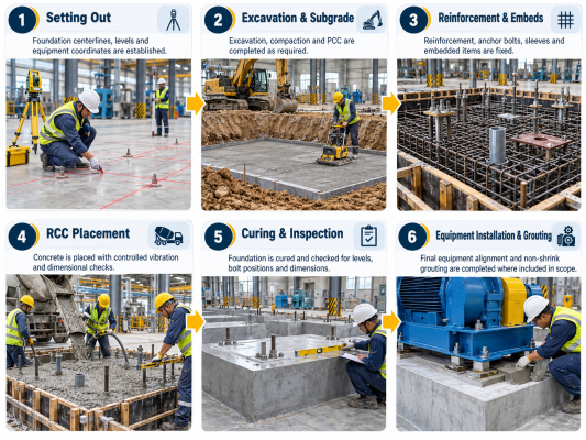 Six-step industrial machine foundation process showing setting out, excavation, reinforcement and anchor bolts, RCC concreting, inspection, equipment installation and non-shrink grouting.